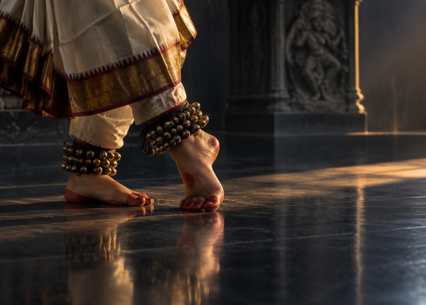 Kuchipudi dancer's feet and ghungroo