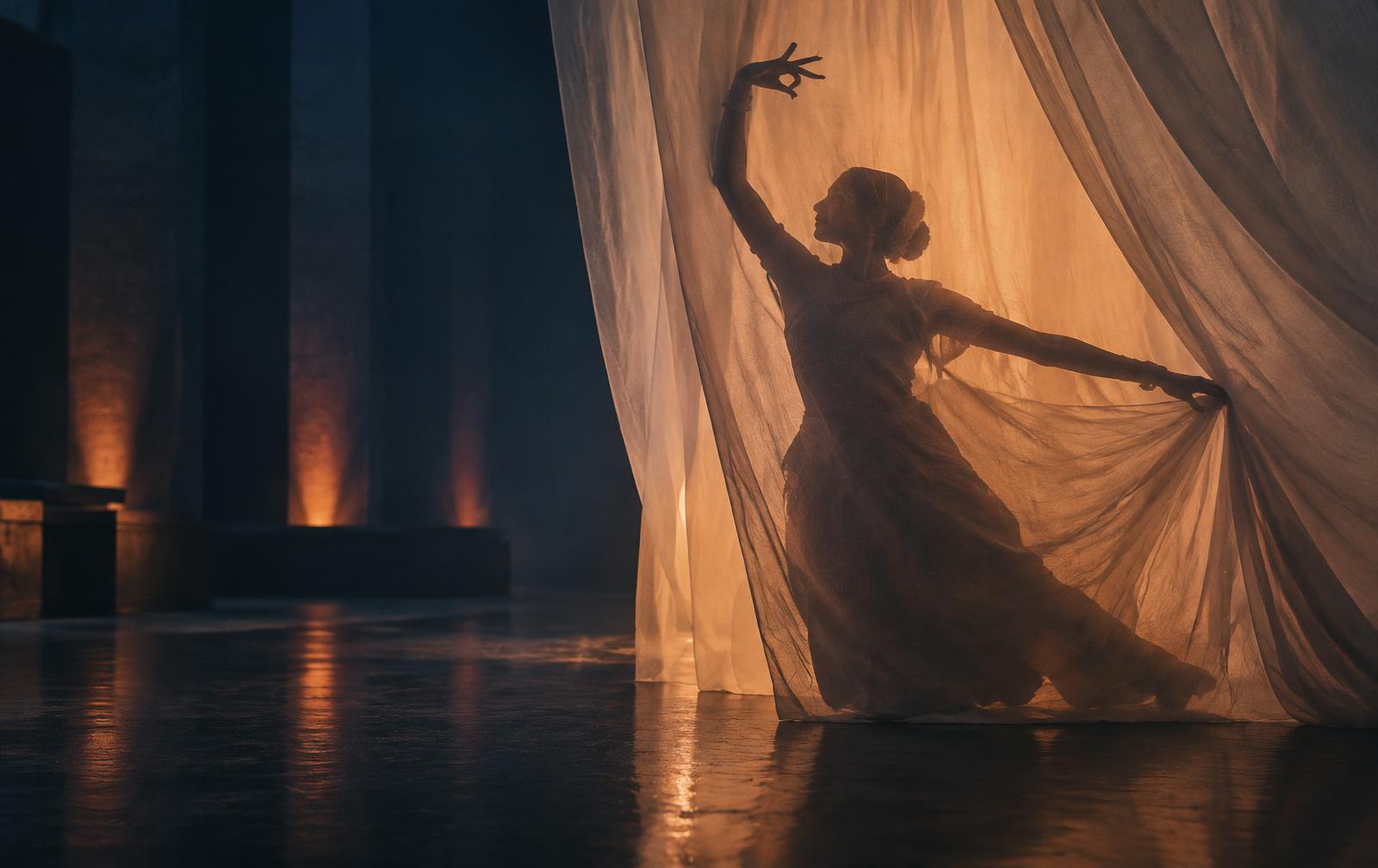 Dancer moving behind translucent fabric